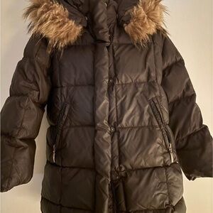 Kids Brown Puffer Jacket with Faux Fur Hood